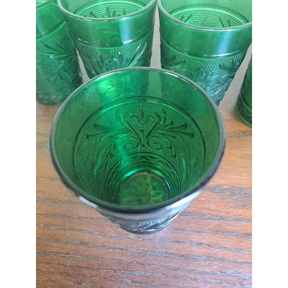 Set Of 5 1950s Anchor Hocking Forest Green Floral And Foliage Sandwich Glass...
